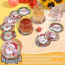 8pcs Christmas Santa Claus 5D Diamond Painting Coaster Set, Exercising Hands-On Ability, Green & Colorful, Suitable For Beginners, Acrylic Diamond Stickers On Cork Coaster Base, Heat Insulation Coasters For Dining Table, Comes With Tools And Iron Stand