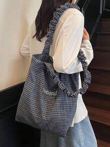 New Casual Fashion Plaid Tote Bag, Pleated Strap, Korean Style Loose Lettering Handbag, Foldable Large Capacity Shoulder Bag For University, Shopping, Travel , Office Bag - Multicolor - View 3
