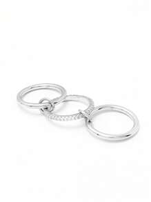 Fashionable Layerable Rings, Silver Tone Triple Linked Design With Delicate Cubic Zirconia, Jewelry Gift For Women