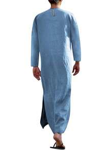 Men's V-Neck Short Sleeve Robe Side Split Kaftan Cotton Long Gown Thobe S-3XLhalloween - 藍色 #1 - 查看 2