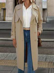 Damen klassischer Herbstmantel, Retro-Stil, minimalistisches Design, mit verstellbarem Taillengürtel und praktischen Taschen, geeignet für den Arbeitsweg und zum Schichten - Beige - Übersicht 5