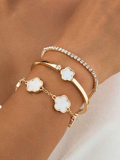 3pcs Luxury Diamond Chain & Clover Bracelet Jewelry Set For Women