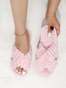 Damen Mode Herbst/Winter Kreuz-Kreuz Flauschige Kunstfell Weiche Sohle Hausschuhe, bequeme leise Schlafzimmer Hausschuhe in Pink