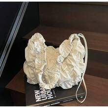 Korean Pleated Beach Cloud Tote Bag, Women's 2025 New Drawstring Shoulder Bag, Large Capacity Nylon Cloth Crossbody Shoulder Bag, Shoulder Bag, Women's Bag, Shoulder Bag - 米色 - 查看 5