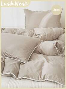 Pom Pom Duvet Cover Set Boho Farmhouse Bedding Set 3 Pieces Mini Pom Pom Decor Camel Comforter Cover Soft Light Microfiber Duvet Cover For Boys Girls 1 Duvet Cover 2 Pillowcases No Comforter - Khaki - View 1