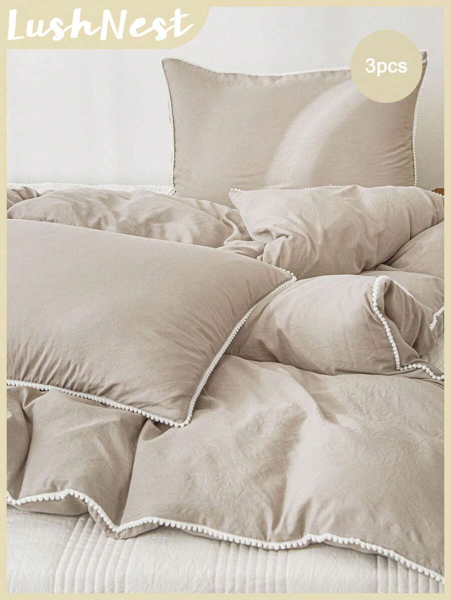 Pom Pom Duvet Cover Set Boho Farmhouse Bedding Set 3 Pieces Mini Pom Pom Decor Camel Comforter Cover Soft Light Microfiber Duvet Cover For Boys Girls 1 Duvet Cover 2 Pillowcases No Comforter - Khaki - View 1