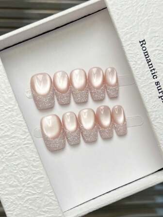 10 件手工指甲椭圆形方形指甲按压指甲短款、简约裸粉色红色冰闪亮猫眼指甲、闪光法式尖头指甲、纯色、全覆盖假指甲尖、极简主义优雅奢华手工制作手工指甲夏季指甲、可爱美学、多功能指甲 DIY 假指甲艺术派对日常和约会使用海滩热带度假适合可重复使用，适合女性和女孩作为礼物指甲用品