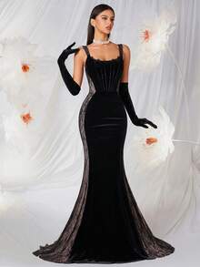 ADYCE 女士优雅粗肩带蕾丝拼接麂皮露背长裙，适合舞会、婚礼宾客、返校节、约会之夜、正式晚宴、生日派对、节日派对、家庭聚会（不含手套）、新年等场合。黑色春季款 - 黑色 - 查看 7