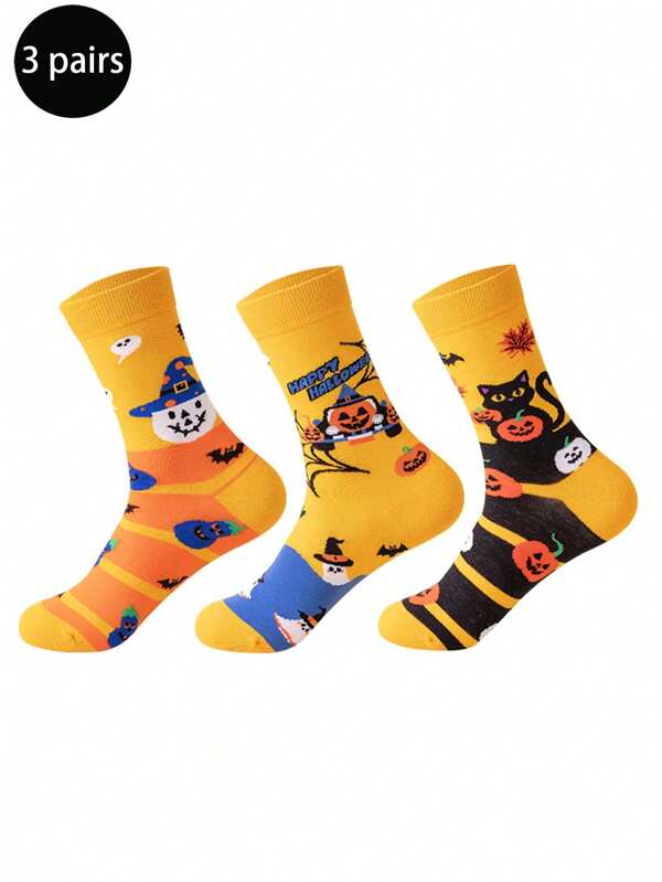 3 Pairs Halloween Socks, European And American Witch & Pumpkin Couple Socks, Autumn/Winter