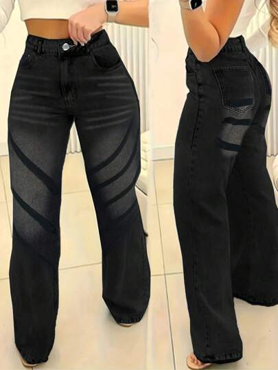 Women's Casual Straight Leg Jeans, Paired With Striped Decorations, Suitable For All Seasons, Suitable For Daily Outings, Back To School Season, Back To School Season, Rural Concerts