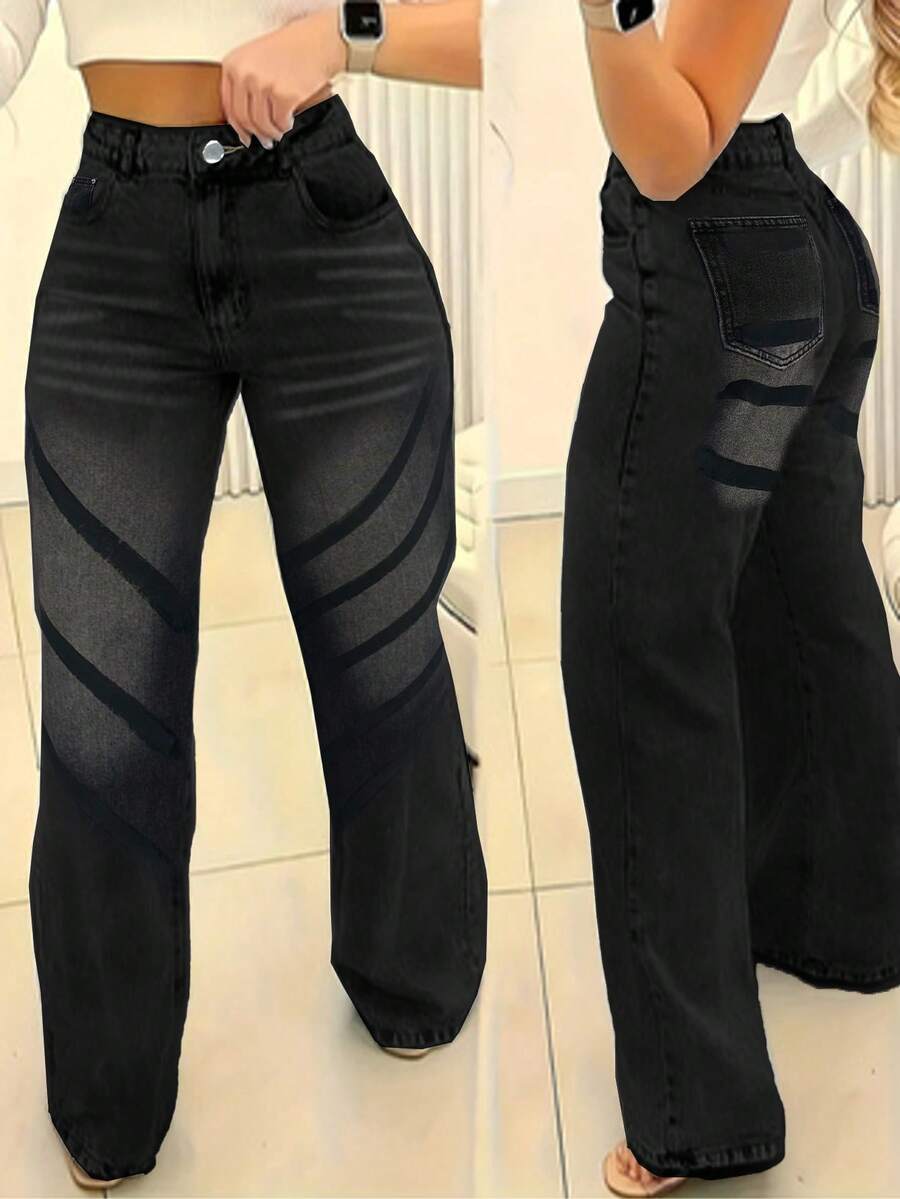 Women's Casual Straight Leg Jeans, Paired With Striped Decorations, Suitable For All Seasons, Suitable For Daily Outings, Back To School Season, Back To School Season, Rural Concerts - 黑色 - 查看 1