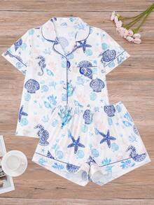 HOREA 2pcs Sets Summer Ocean Style Starfish Shell Print Women Pajama Sets, Short Sleeve Lapel Top And Loose Elastic Shorts, Casual Sleepwear And Spring Homewear Outfits, Cool Light Blue - 藍色 - 查看 10