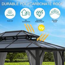 10x13 FT Permanent Aluminum Gazebo 10x12 FT Hardtop Gazebo With Double-Layer PC Roof, Sturdy Metal Pavilion Canopy, All-Weather Outdoor Sunshade Structure With Retractable Curtains For Patio, Backyard, Garden, Deck - Xám - Xem 2