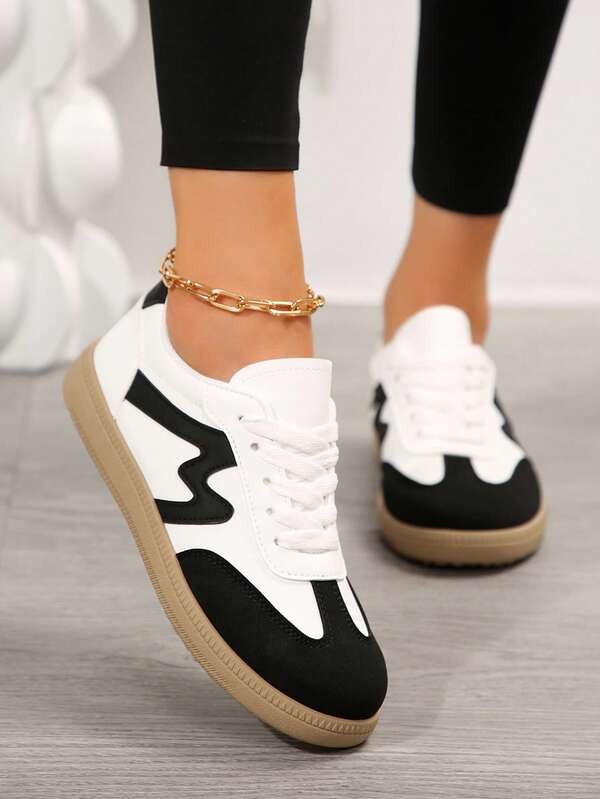 Stylish Colorblock Trainers - Lightweight, Breathable, Low-Top, Lace-Up, Casual, Flat, Comfortable Walking Shoes For Outdoor Activities - Perfect For Women's Everyday Wear