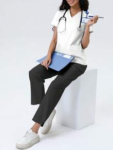 女士纯色V领短袖带口袋休闲护士服手术服上衣，手术服护士服临床手术服护士医生防尘工作服手术服上衣 - 白色 - 查看 7