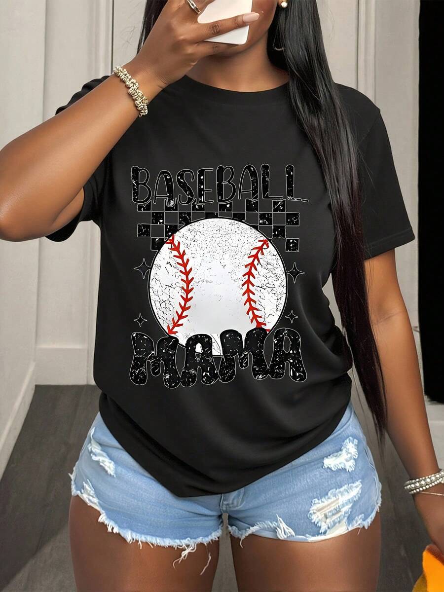 Plus Size Women's Baseball Mom Graphic T-Shirt - Game Day Casual Short Sleeve Round Neck Tee, All-Season Comfort Fit, In My Baseball Mom Era Shirt, Baseball Lover Mom Tee, Baseball Season Sports Fan Apparel, Sporty Style, Mothers Day Birthday & Christmas Gift For Baseball Mom - 黑色 - 查看 1