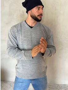 Basic V-Neck Knit Top, Fall/Winter, Regular Fit - Light Grey - View 1