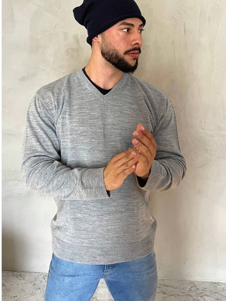 Basic V-Neck Knit Top, Fall/Winter, Regular Fit - Light Grey - View 1