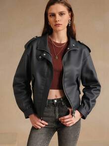 Giolshon Street Rider Style Retro PU Leather Jacket For Women - Suitable For Spring, Autumn And Winter - Black - View 4