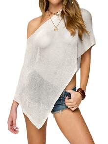 Women's Sheer One Shoulder Asymmetrical Knit Poncho Short Sleeve Solid Color Crop Top Streetwear - trắng - Xem 1