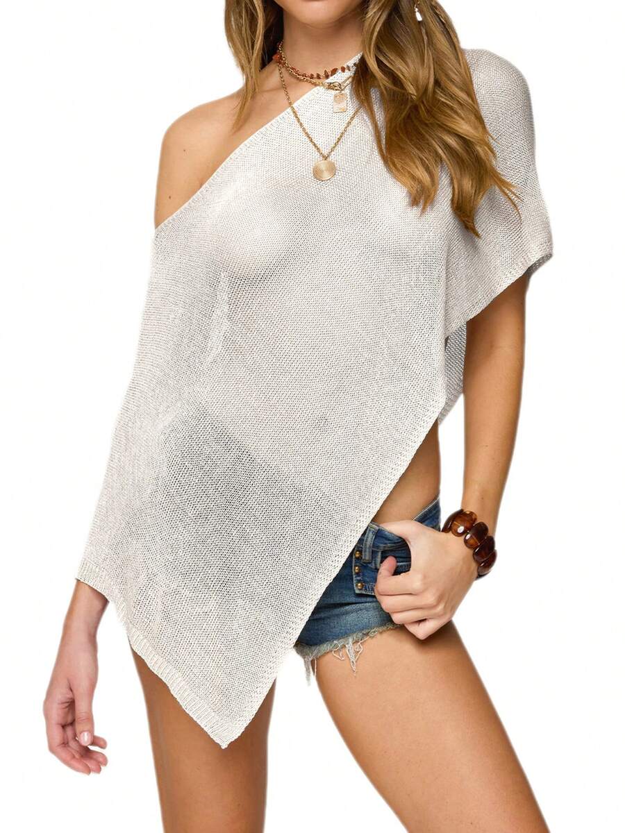 Women's Sheer One Shoulder Asymmetrical Knit Poncho Short Sleeve Solid Color Crop Top Streetwear - trắng - Xem 1