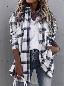 Casual Plaid Button-Down Shirt, Non-Positioning Print, Suitable For All Seasons - White - View 1