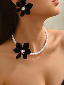 3pcs Elegant Necklace + Earrings Jewelry Set For Women, French Romantic Palace Style, Faux Pearl, 3D Red Woven Acrylic Flower Design, Suitable For Daily Wear, Banquet, Luxury Gift - Black - View 3