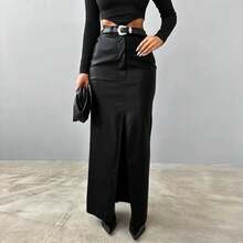Women's Clothing Leather Design Slit Solid Color High Waist Simple Leather Slim Fit Midi Skirt - Black - View 5