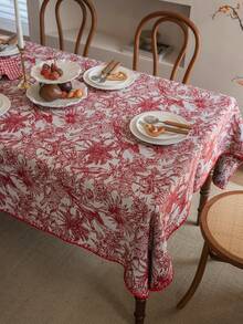 1pc French Retro Floral Christmas Tablecloth, Rectangular Jacquard Fabric Suitable For Daily, Festivals, Parties, Weddings, Dinners, Home Decor - Red and White - View 1