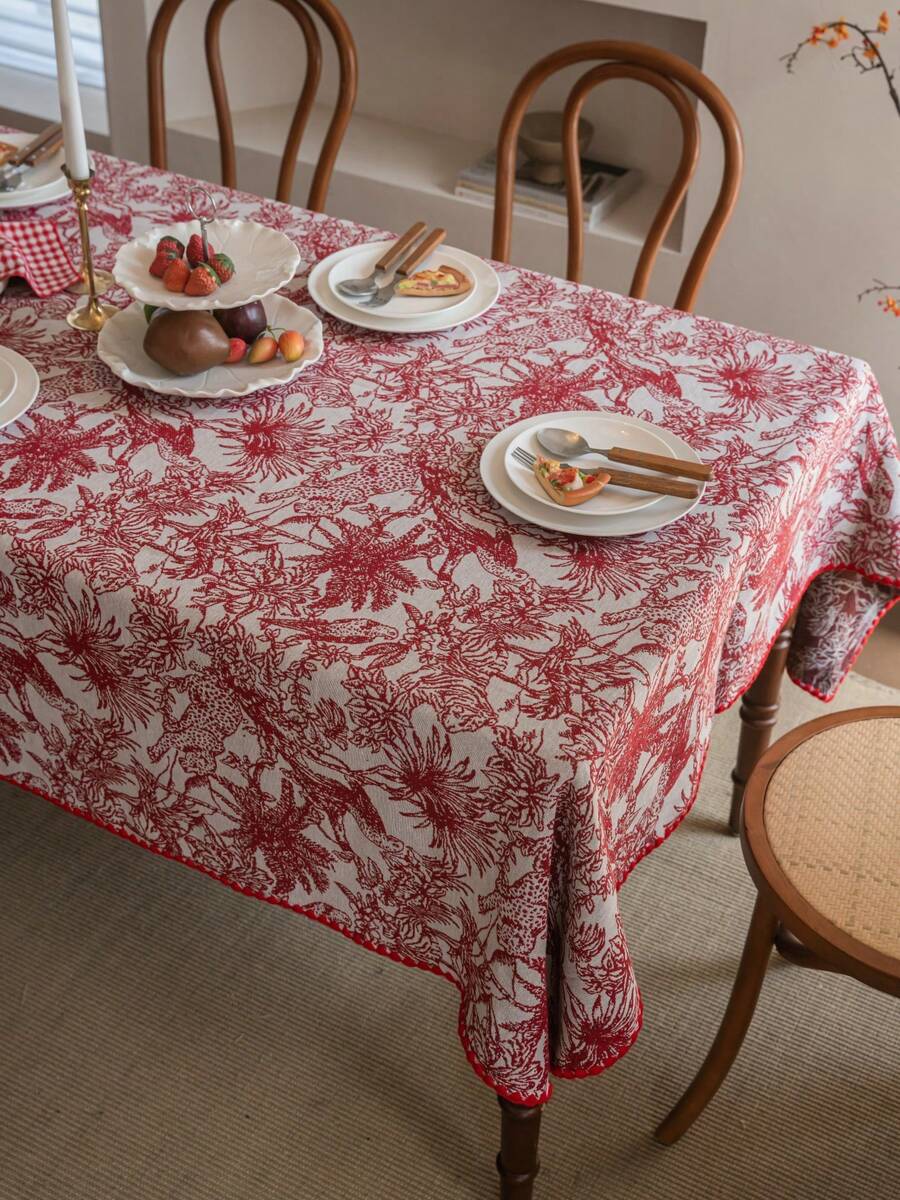 1pc French Retro Floral Christmas Tablecloth, Rectangular Jacquard Fabric Suitable For Daily, Festivals, Parties, Weddings, Dinners, Home Decor - Red and White - View 1