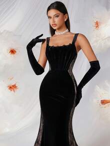 ADYCE 女士优雅粗肩带蕾丝拼接麂皮露背长裙，适合舞会、婚礼宾客、返校节、约会之夜、正式晚宴、生日派对、节日派对、家庭聚会（不含手套）、新年等场合。黑色春季款 - 黑色 - 查看 9