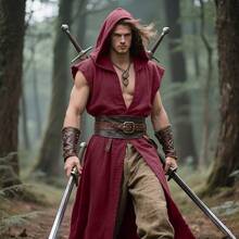 2025Joukavor Medieval Sleeveless Surcoat Renaissance Tabard For Men Halloween LARP - 酒紅色+中號 - 查看 6