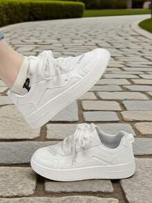 Women's Solid White Travel Shoes, PU Sneakers, Women's Sneakers With Thick Sole And Front Laces, Breathable And Fashionable For Women, Lightweight - 白色 - 查看 3