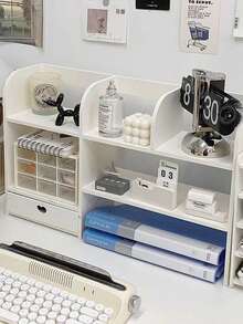 1 pieza Estantería vertical de escritorio de madera blanca y plástico, apta para dormitorio, sala de estar, estudio, oficina, dormitorio - Organizador de escritorio para maquillaje, perfume, joyería, papelería, artículos varios