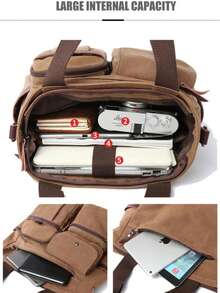 Vintage Canvas Messenger Bag For Men, Multi-Pocket Laptop Briefcase With Leather Trim, Shoulder Bag, Water-Resistant Work Bag For College, Commute, Travel, Fits 15" Laptop & Accessories 2000s Style Streetwear - A - View 4