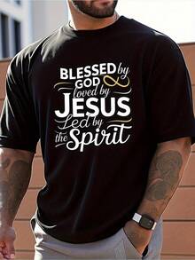 Camiseta de Fe Religiosa para Hombres - Impresión Inspiradora "La Bendición de Dios, el Amor de Jesús, la Guía del Espíritu Santo", Camiseta de Manga Corta de Cuello Redondo 100% Algodón, Ropa Cómoda para Uso Diario al Aire Libre en Primavera y Verano, Ropa Casual Diaria - Negro - Ver 2