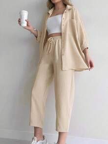Set de 2 piezas: blusa de manga larga con botones delanteros y bolsillos y pantalones largos con cintura anudada para mujer - Albaricoque - Ver 3