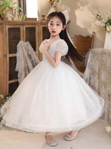 Girls' White Tulle Skirt, Flower Girl Dress For Wedding, Holiday, Party - White - View 5