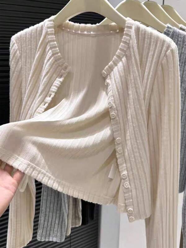 Chaqueta corta de estilo versátil de unicolor con botones, estilo coreano de otoño e invierno para mujer, con efecto estilizador de la cintura, estilo casual y lindo, tipo chaqueta ligera exterior