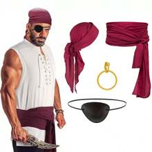 Conjunto de 5 acessórios para fantasia de pirata para mulheres, lenço de cabeça de pirata, faixa de pirata, colar, tapa-olho e brinco para cosplay, dramatização de pirata, baile de Halloween