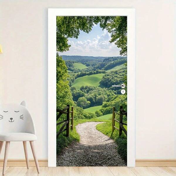 1 set/2 pezzi Adesivi murali per paesaggio naturale - Paesaggio armonioso, adesivo rimovibile, design di sentiero di campagna e vista della collina, decorazione orizzonte verde, adatto per interni/esterni, facile da applicare, adesivi per porte esterne, decorazione domestica pacifica, facili da installare, decorazione da parete, adesivi da parete