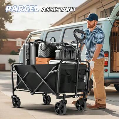 Carro utilitario plegable para acampar de 1 pieza, resistente: marco de metal resistente, 4 ruedas todoterreno, mango ergonómico y diseño plegable, adecuado para acampar, jardín, transporte (no requiere electricidad), equipo para acampar, portaherramientas de jardín, diseño plegable, construcción robusta