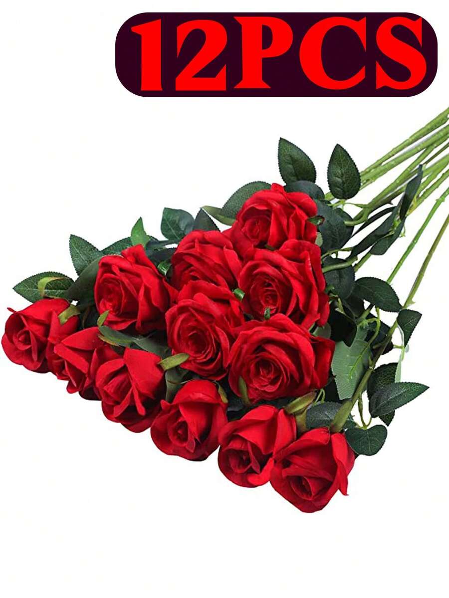 3/6/9/12pcs Artificial Silk Rose Bouquet With Long Stem, Realistic Looking, Ideal For Home Wedding Decoration, Valentine's Day Party, Valentine Day, Gift Gifts Birthday Graduation - 紅色 - 查看 1