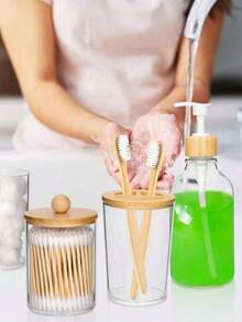 4-Piece Bathroom Wash Set With Minimalist Stripe Design Includes Hand Sanitizer Bottle, Rinse Cup, Toothbrush Holder & Soapboard Back-To-School Home Bathroom Decorating Bathroom Must-Have Combo! The Set Includes A Cute Swab Organizer To Keep Your Swabs Organized And Dry. It Also Comes With Shampoo And Body Soap Dispensing Bottles. Perfect For Organizing Your Bathroom Counter And Making Bath Time More Convenient.