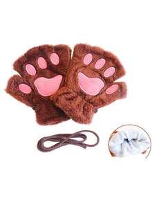 1 Piece, Autumn, Winter, Christmas, Halloween, Cute Plush Lady, Men's, Half-Finger Gloves, Hanging Neck Warm Gloves, Male And Female Student Cat Claw Gloves, Cute Cat Claw Gloves, Women's Autumn And Winter Warm And Cold-Proof Plush Half-Finger Gloves, Thickened Plush Student Writing Leaky Finger Gloves