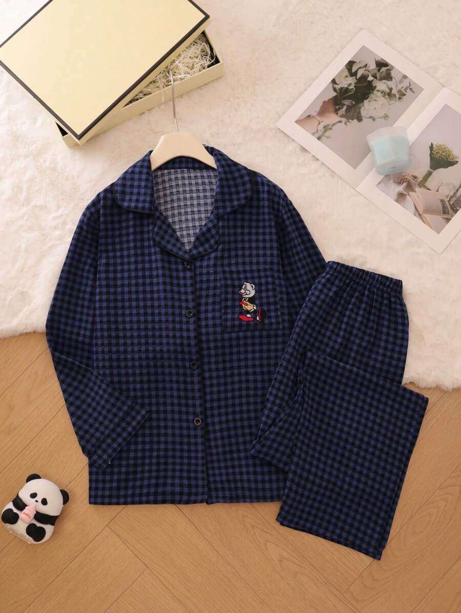 Plus Size Women Plaid Pajama Set, Cute Lapel Button Up Top And Long Pants, Sleepwear And Loungewear, Fall Winter Clothes