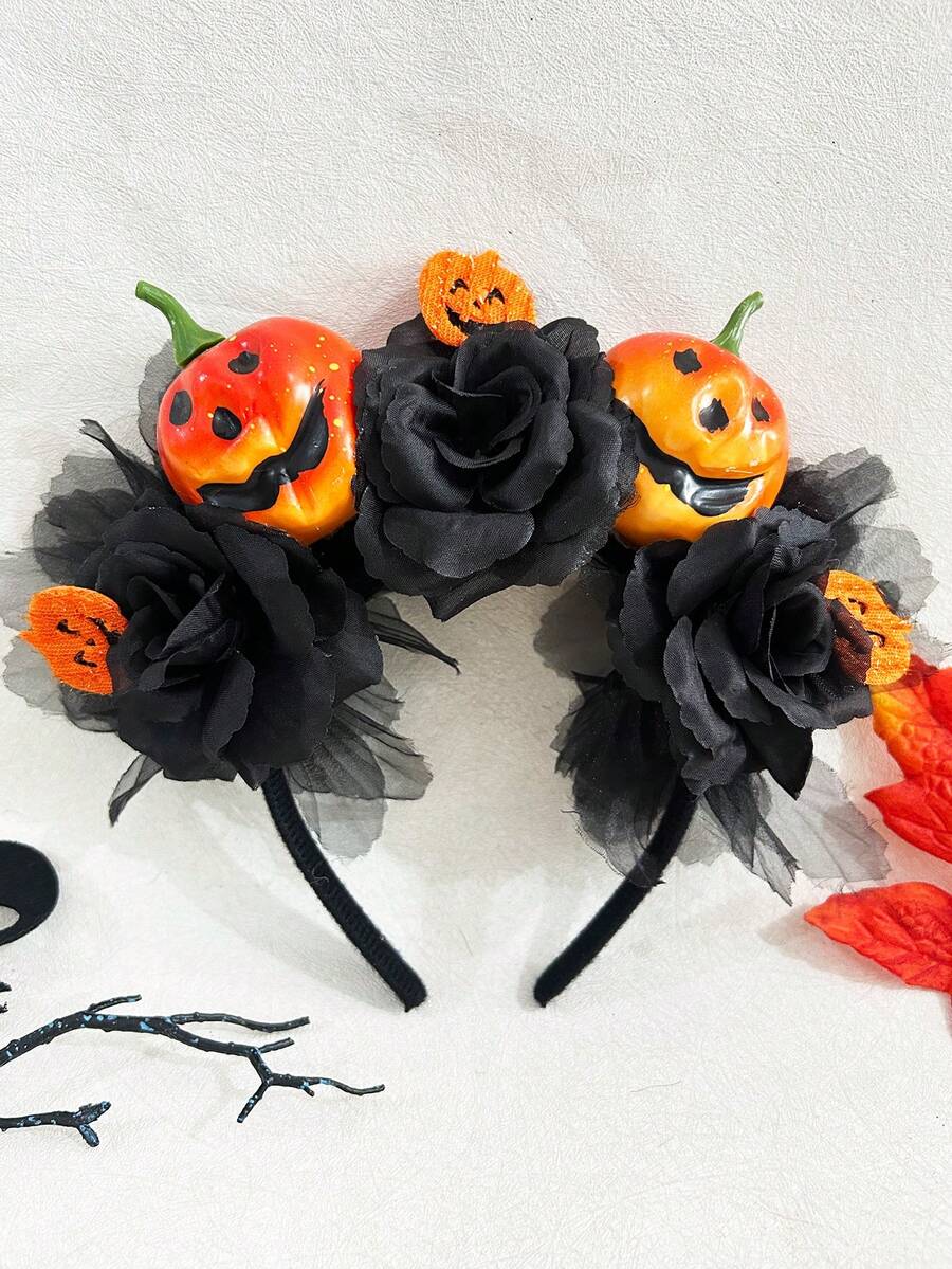 1 pieza Diadema de mujer de Halloween con diseño 3D de calabaza y rosa negra de malla, accesorio de fiesta, diadema para mujeres, regalo de accesorios de belleza para el hogar, aro para el cabello, esencial de disfraces de Halloween - calabaza - Ver 1