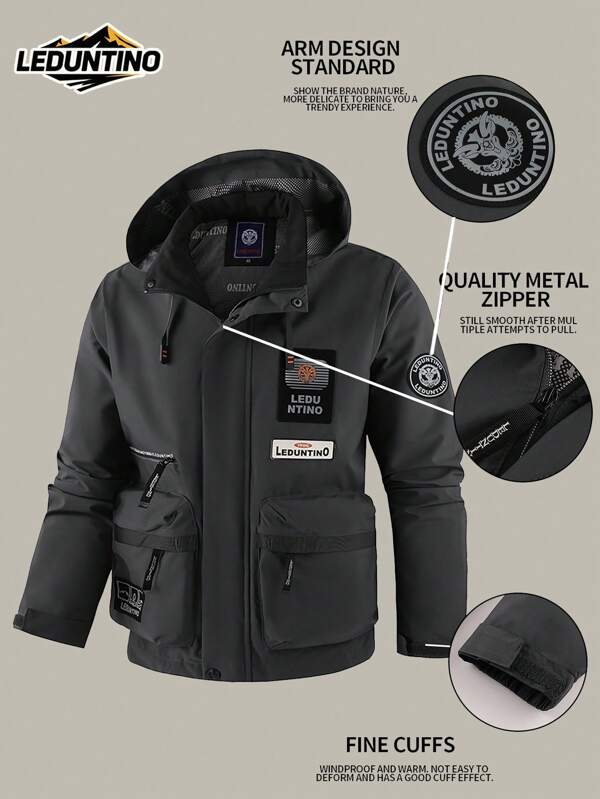 LEDUNTINO Chaqueta con cremallera de moda casual fina para hombres en primavera y otoño, con capucha desmontable, bolsillos grandes, logo 3D, adecuada para actividades al aire libre y uso diario, ideal como regalo