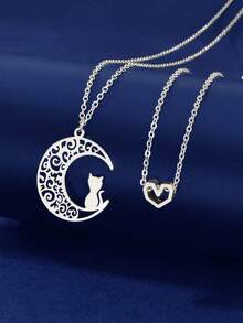 2件套精致银链心形猫咪月亮吊坠项链，女士派对日常节日首饰礼品 - 銀色 - 查看 1