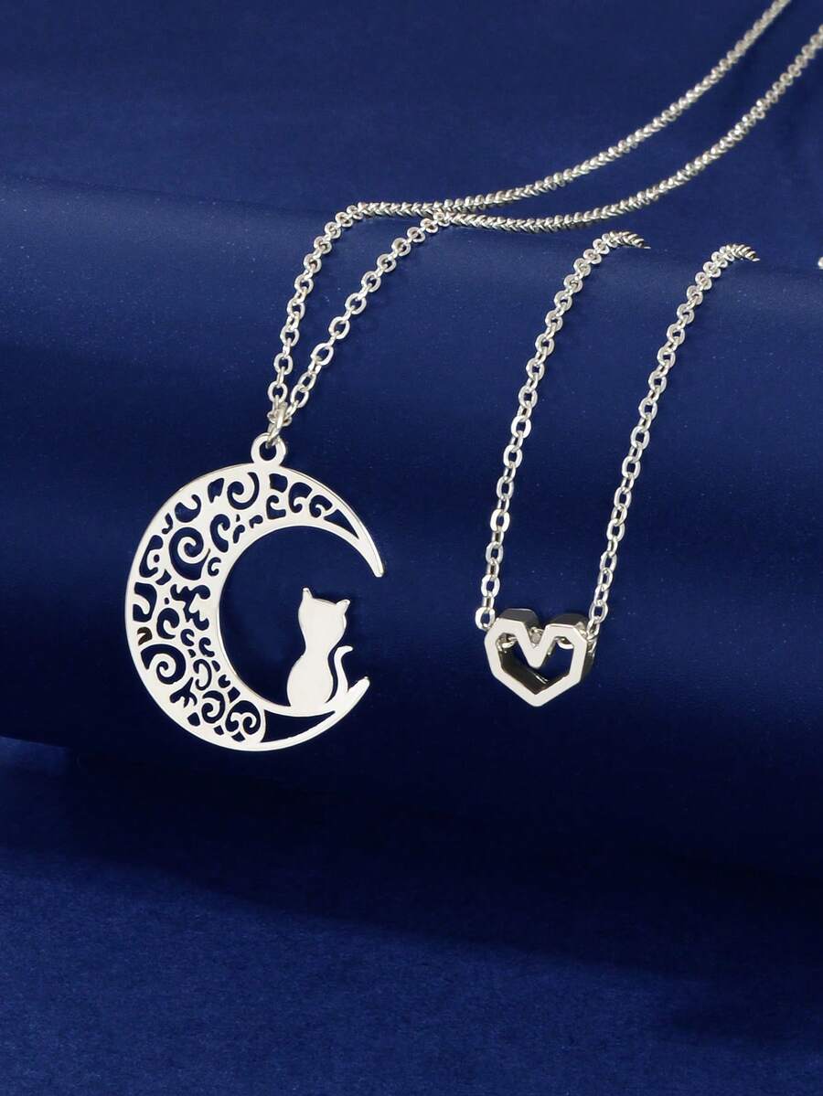 2件套精致银链心形猫咪月亮吊坠项链，女士派对日常节日首饰礼品 - 銀色 - 查看 1